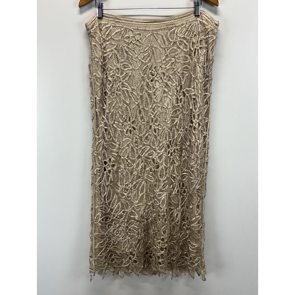 Vtg 90s Silk Crochet Maxi Skirt XL Beaded Fairy Grunge Festival Beige Whimsigoth